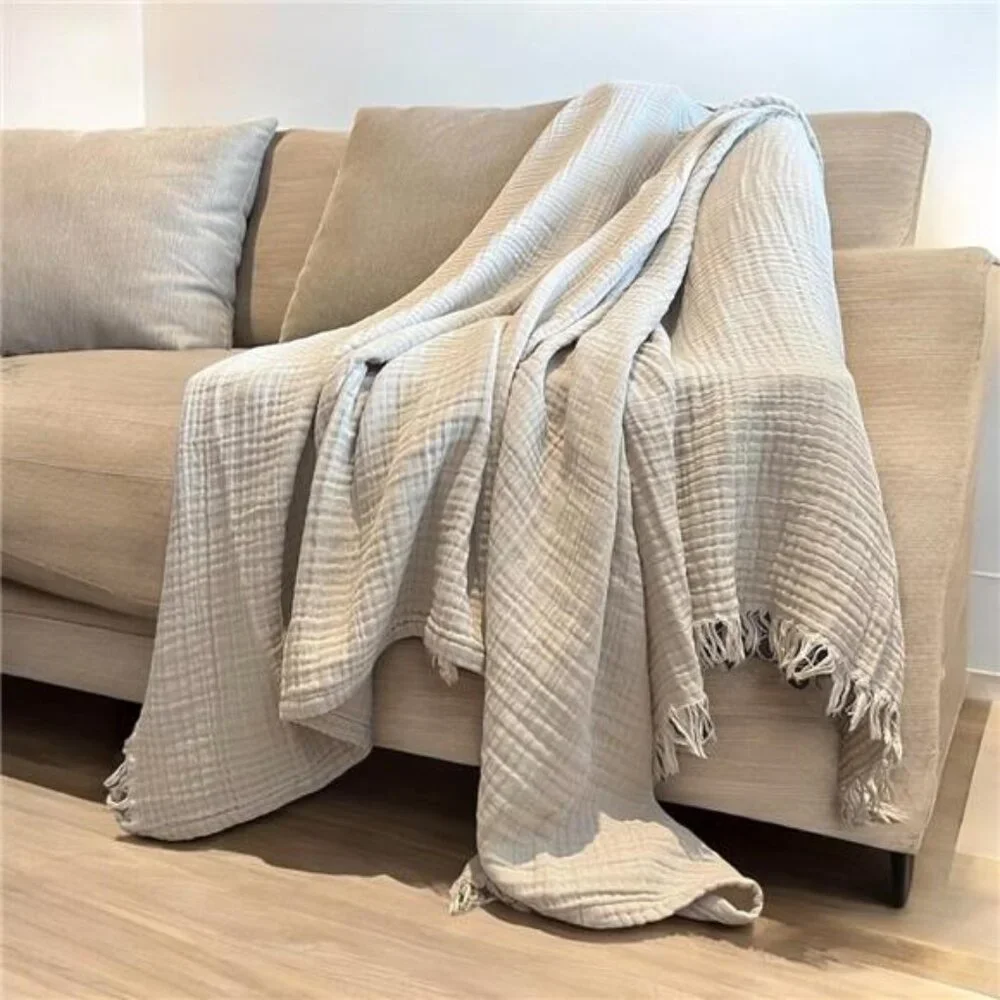 NEW West Elm Boho Beige Tassel Waffle Knit Muslin Gauze Throw Blanket 55